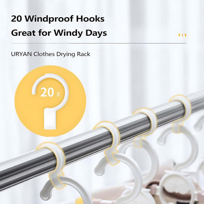 URYAN 95 Inches Clothes Drying Rack, Heavy Duty Stainless Steel Laundry Drying Rack Folding Indoor Outdoor, Portable Drying Rack Clothing, Blanket Rack Clothesline with 20 Windproof Hooks