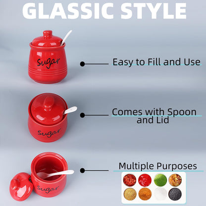HAOTOP 12oz Sugar Bowl with Lid and Spoon,Ceramic Sugar Jar Sugar Dispenser Sugar Container Coffee Bar Accessories, Kitchen Countertop Canisters, Red