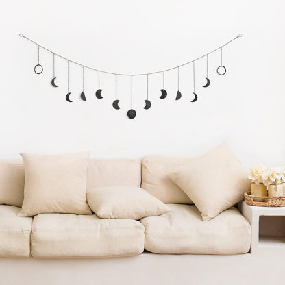Mkono Moon Phase Wall Hanging Boho Aesthetic Room Decor Metal Moons Garland Hanging Art Bohemian Home Decoration for Girls Room Nursery Bedroom Livingroom Dorm, Ideal, Black, 55"