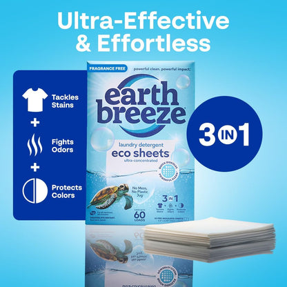 Earth Breeze Laundry Detergent Sheets Fragrance-Free - 180 Loads Eco Liquidless Soap - Travel-Friendly for Hot & Cold Cycles, Tackles Tough Stains & Odors - Gentle on Sensitive Skin, 90 Ct (3 Pack)