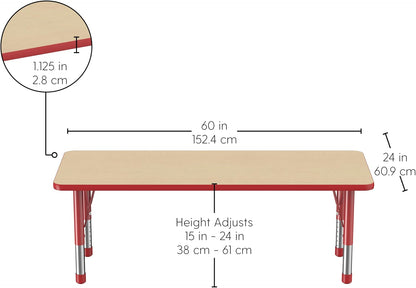 FDP Rectangle Activity School and Classroom Kids Table (24 x 60 inch), Chunky Toddler Legs, Adjustable Height 15-24 inches - Maple Top and Red Edge