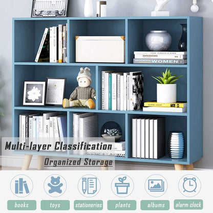 IOTXY Wooden Open Shelf Bookcase - 3-Tier Floorstanding Display Cabinet Rack with Legs, 8 Cubes Free Standing Bookshelf, Bright Blue