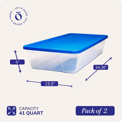 HOMZ 2-Pack Snaplock, Large Clear Plastic Storage Organizer Bins w/Lids, 41 Quart, Blue - Stackable