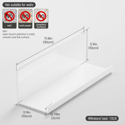 Acrylic Wall Floating Shelves Set of 2, Wall Shelves White 12 Inch Adhesive Wall Organizer Adhesive Shelf for Bathroom, Kitchen, Bedroom, Office, Gaming Room, No Damage, No Drill