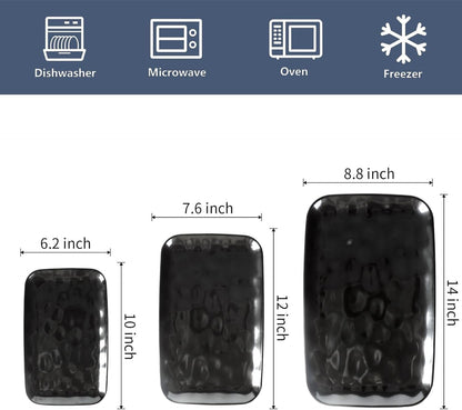vicrays Ceramic Rectangle Serving Platters - 14" 12" 10" Porcelain Serving Trays Plates for Party BBQ Appetizers Sushi Dessert - Microwave Oven and Dishwasher Safe - Set of 3 Bright Black