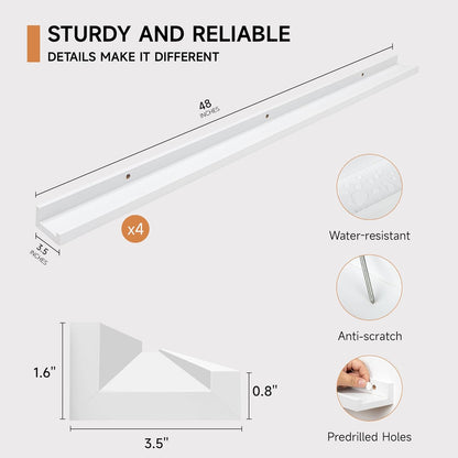 Picture Ledge Shelf for Wall, Floating Shelves Set of 4, 48 Inch Long Nursery Book Shelves for Toys Storage, Kids Bookshelf Wall Mounted for Books Photo Frames, White