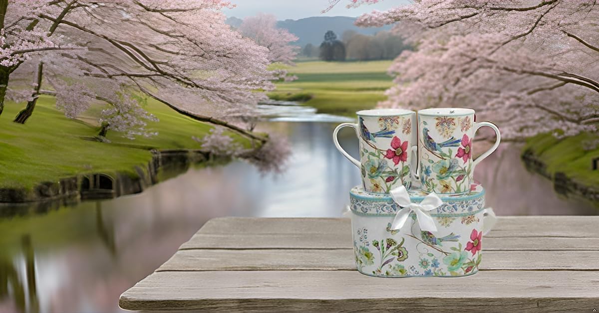 Lightahead Elegant Bone China Two Coffee Mugs set in Blue bird design 11.2 oz each cup in attractive gift box