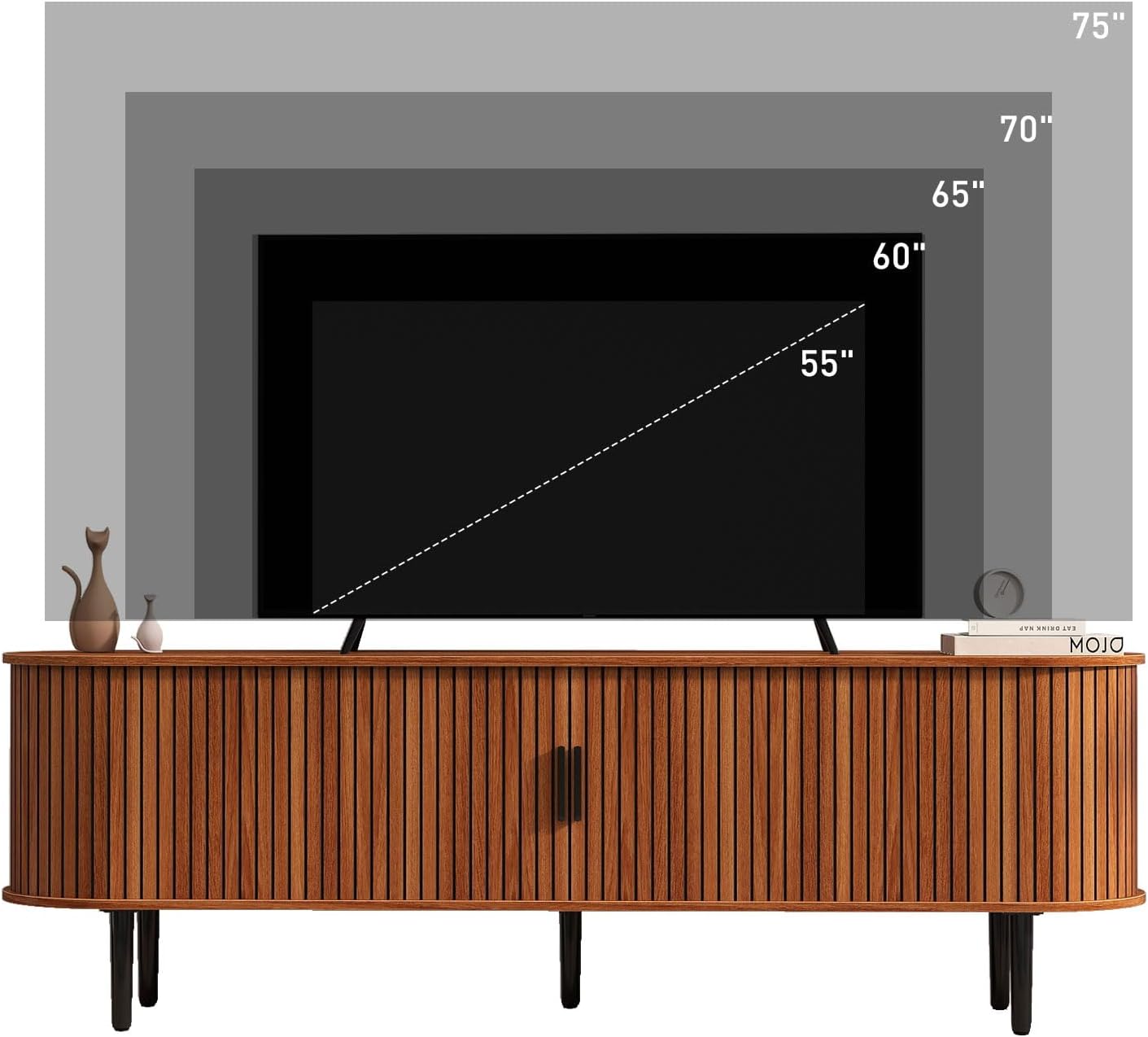 Bonzy Home 70" Mid Century Modern TV Stand, Tambour Entertainment Center with Storage, Long Media Console Television Stand with Metal Legs for up to 75'' TV, Walnut