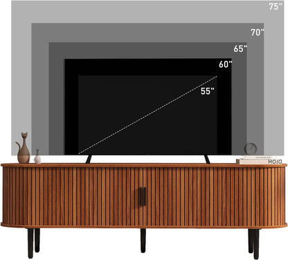 Bonzy Home 70" Mid Century Modern TV Stand, Tambour Entertainment Center with Storage, Long Media Console Television Stand with Metal Legs for up to 75'' TV, Walnut