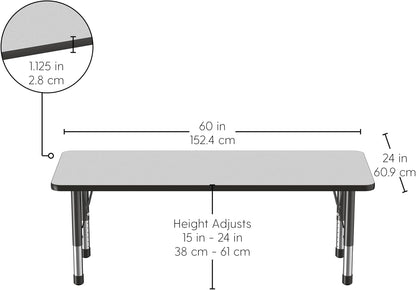 FDP Rectangle Activity School and Classroom Kids Table (24 x 60 inch), Chunky Toddler Legs, Adjustable Height 15-24 inches - Gray Top and Black Edge