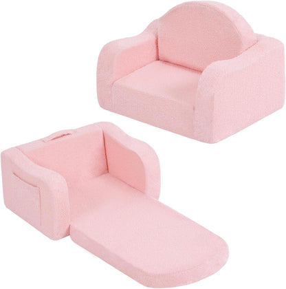 Welnow 2-in-1 Kids Sofa Chair, Convertible Toddler Chair Flip Out Children Sofa Chair with Wave Armrests Folding Kids Play Sofa with Side Pockets & Removable Cover Armchair for Girl or Boy