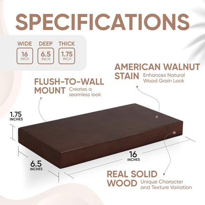 Homeforia Walnut Floating Bathroom Shelves, High End Solid Real Wood 16 inch Small Floating Shelf for Wall Mounted, Dark Brown 16inch Floating Shelves, Heavy Duty Bracket, 16 X 6.5 X 1.75 in, Set of 3