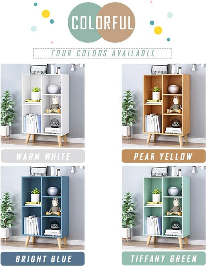 IOTXY Wooden Open Shelf Bookcase - 3-Tier Floor Standing Display Cabinet Rack with Legs, 5 Cubes Bookshelf, Pear Yellow