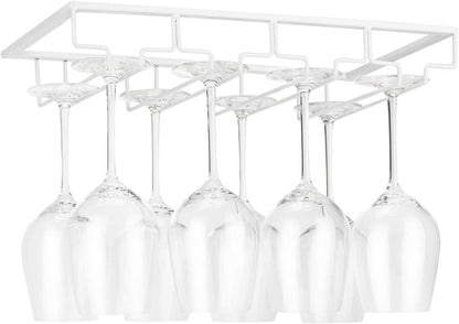 Wine Glass Rack Under Cabinet - Stemware Holder Metal Wine Glass Organizer Glasses Storage Hanger for Bar Kitchen Brown 4 Rows White