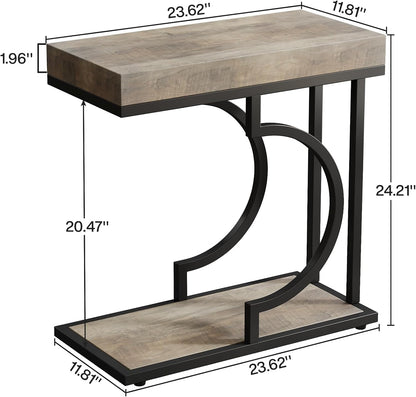 Tribesigns Narrow Side Table C Shaped End Table Modern Bedside Tables for Couch, Small Sofa Chairside Tables with Metal Frame for Living Room (2, Gray+Black)