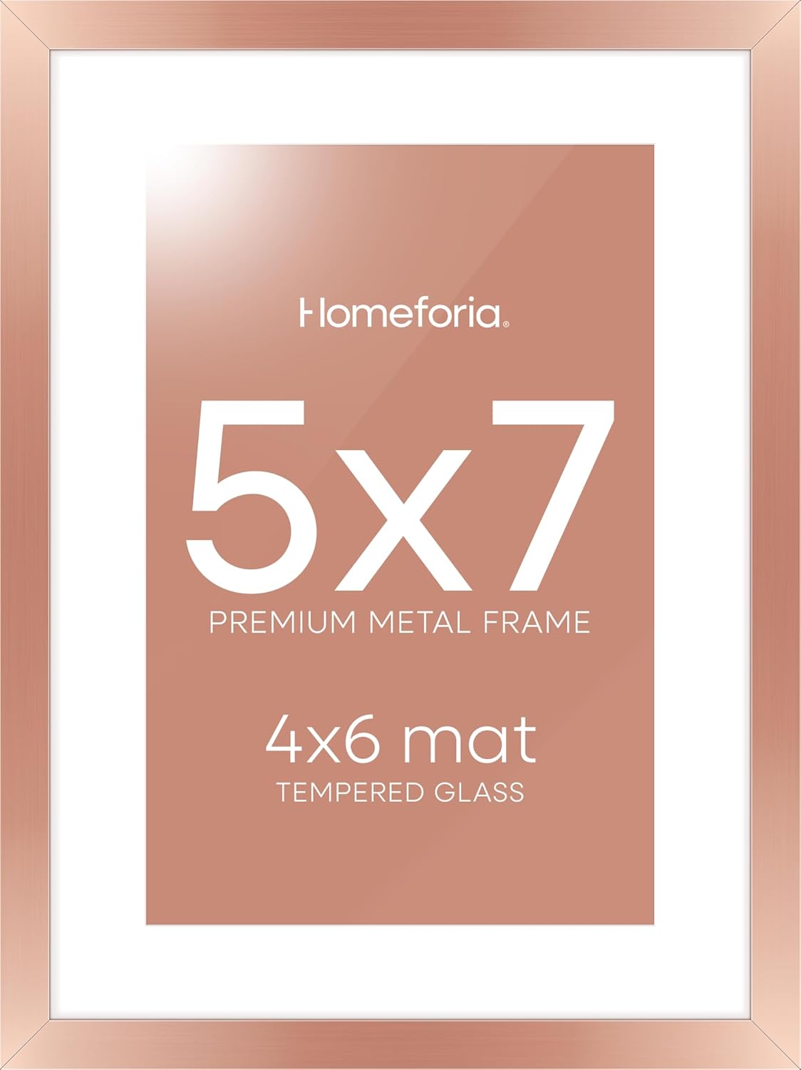 Homeforia Rose Gold 5x7 Picture Frame, High End Metal 5 x 7 Frames with Mat 4 x 6 for Print, 5by7 Desk Frame Matted to 4x6 inch Photo, 5 by 7 Wall or Tabletop Frame, Tempered Glass, Wall Kit, Set of 1
