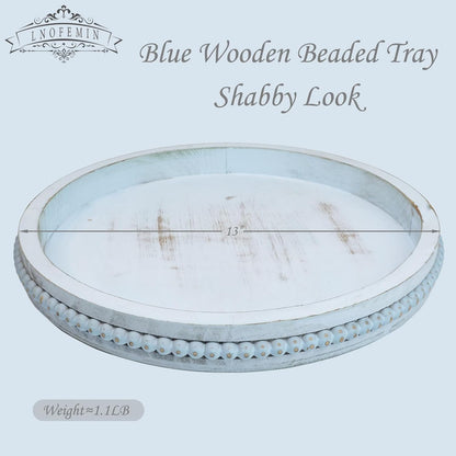Round Wood Serving Tray with Beads, Blue Washed Wooden Decorative Tray for Entertaining, Decoration, and Gifting