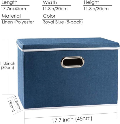 PRANDOM Large Collapsible Storage Bins with Lids [5-Pack] Fabric Foldable Storage Boxes Organizer Containers Baskets Cube with Cover for Home Bedroom Closet Office Royal Blue(17.7x11.8x11.8)