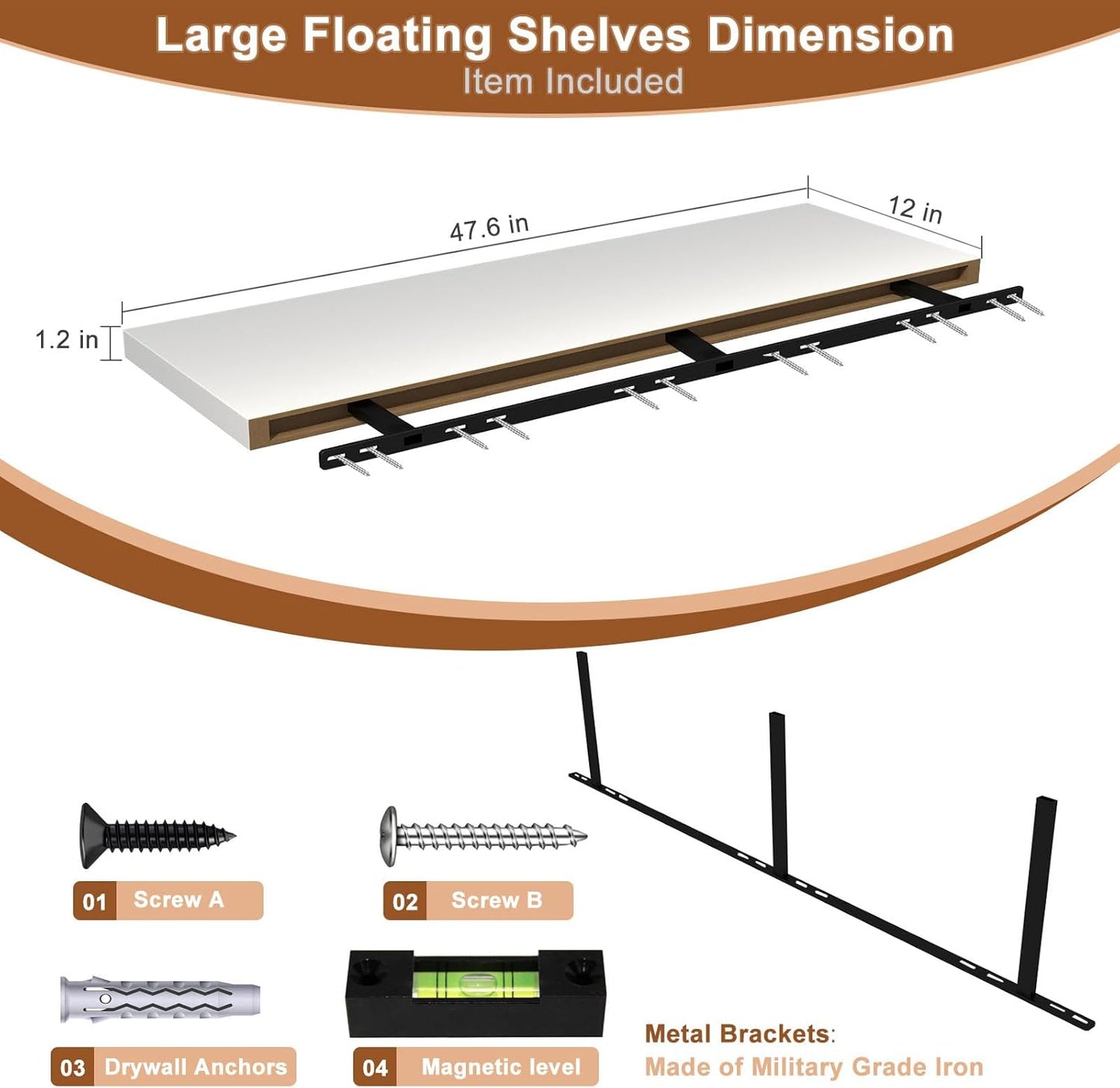 48 Inch Floating Shelf 3 Pack Large Floating Shelves for Wall No Drilling Accessories Included Deep Wall Shelves for Living Room Kitchen Farmhouse 48" W x 12" D x 1.2" White