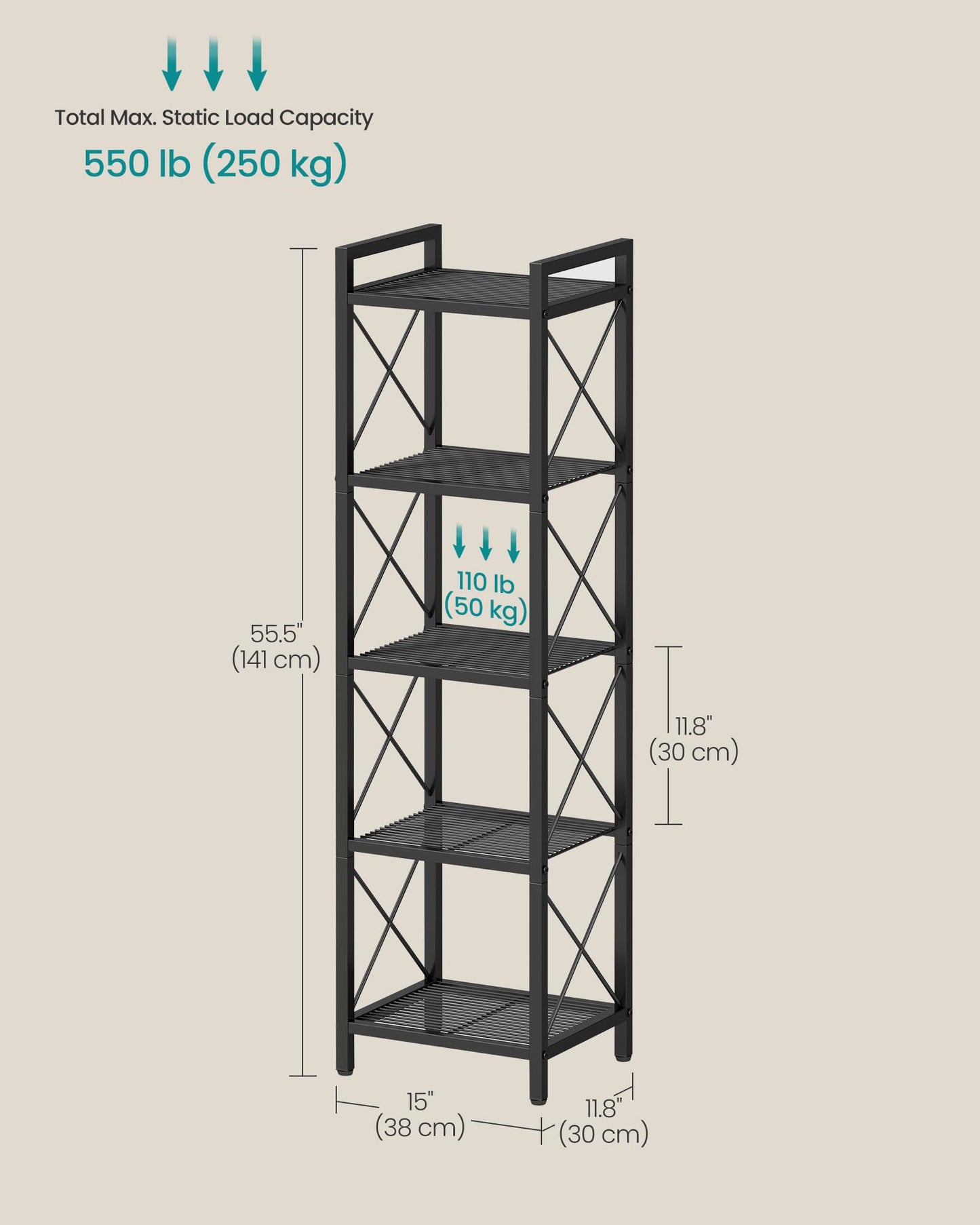 SONGMICS 5-Tier Metal Storage Rack, Shelving Unit with X Side Frames