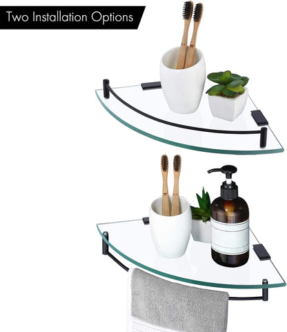 KES Bathroom Glass Corner Shelf Tempered Glass Shelf with Rail Wall Mount Corner Shelf SUS 304 Stainless Steel Matte Black 2 Pack, BGS2101A-BK-P2