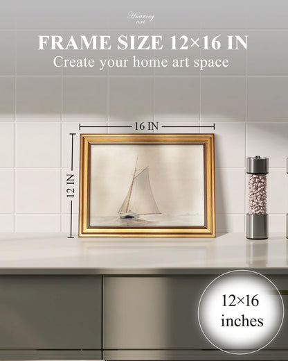 HUARCEY Gold Framed Vintage Wall Art for Living Room, Seaview Painting Prints Shelf Decor for Kitchen, Aesthetic Bedroom Wall Art, Christmas Gifts for Friends or Family (White Sailboat - 12"x16")