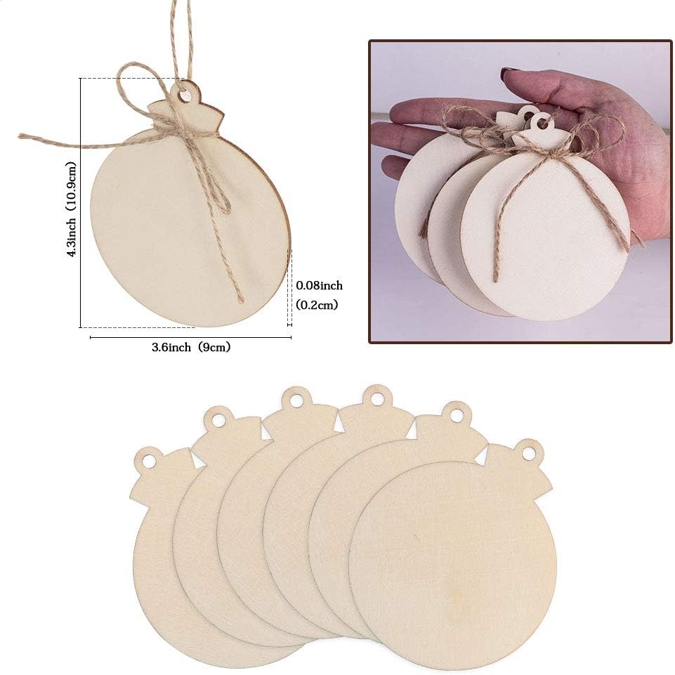 OurWarm 50pcs DIY Wooden Christmas Ornaments for Crafts, 4" Blank Wood Ornaments to Paint, Natural Unfinished Wood Slices Hanging Christmas Crafts Tree Decorations