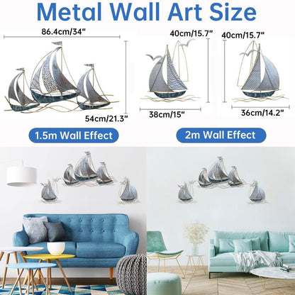 AIYIOUWE Metal Sailboat Wall Art, 3D Nautical Ship Large Metal Wall Art Decor, Coastal Boat Wall Hanging Sculptures Beach Artwork for Living Room Outdoor Bedroom