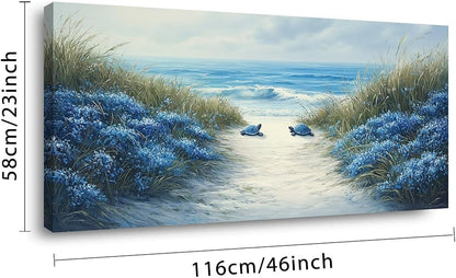 LASMOND Romantic Beach Wall Art for Living Room Blue Sea Turtle Lovers Canvas Painting Prints Ocean Sandy Romance Flowers Large Bedroom Office Decor Artwork (46x23 Inches)