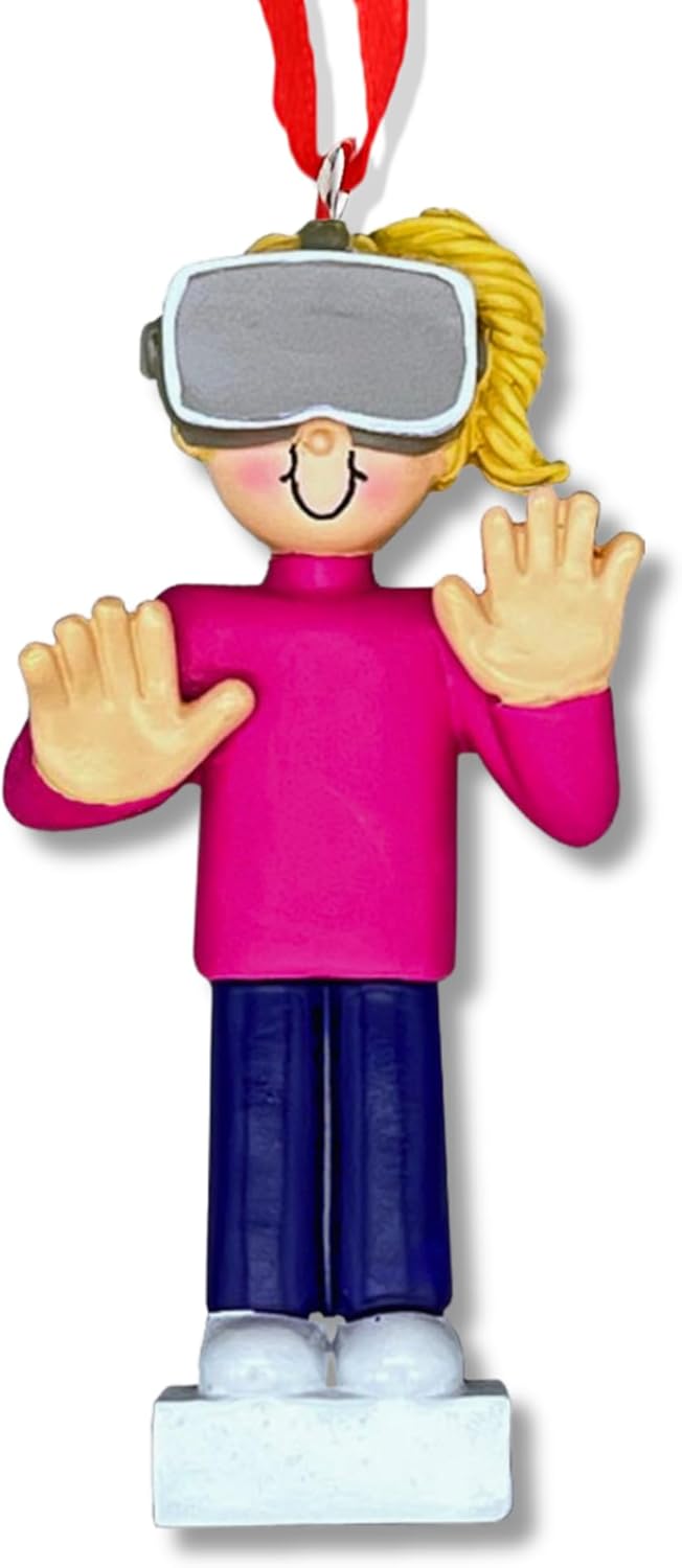Ornaments by Elves - Personalized Virtual Reality Female Blonde Christmas Ornament - Unique Gift for Gamers, Women, Sisters - Tree Decoration, Birthday, Office Party - in a Giftable Packaging