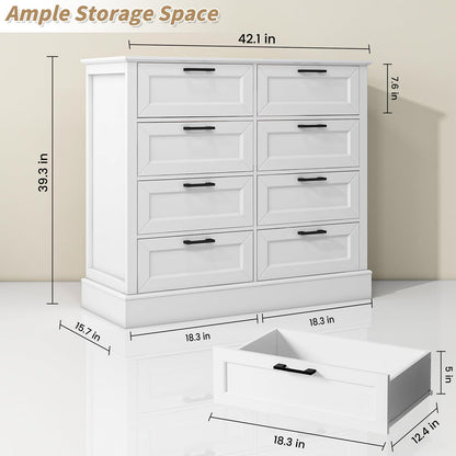 Odeekea White Dresser for Bedroom, Wood Dresser with 8 Drawers, Chest of Drawer for Bedroom Living Room Entryway Hallway, Modern Farmhouse Style