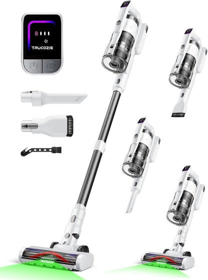 Cordless Vacuum Cleaner for Home, Upgraded 60Kpa Powerful Suction Pet Hair Vacuum with 70min Runtime, Green LED Light for Hardwood Floors & Carpet, Self-Standing Rechargeable Stick Vacuum, White