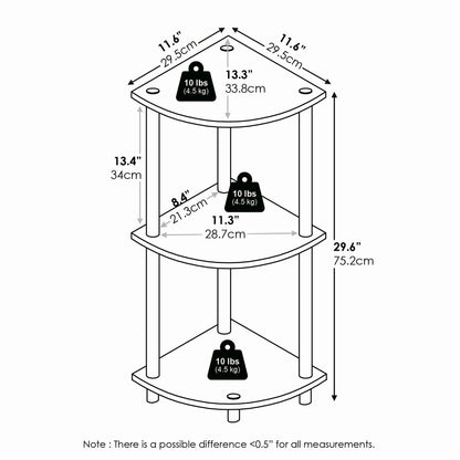 Furinno Turn-N-Tube Corner Shelf, 3-Tier Corner Bookshelf, Display Storage Shelves with Open