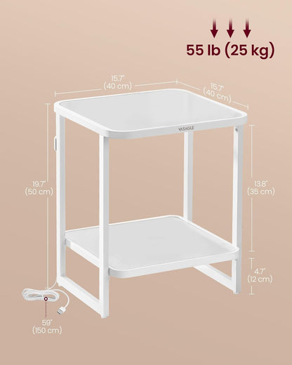 VASAGLE End Table, 2-Tier Side Table with LED Lights, Modern Nightstand, Square Bedside Table, Frosted Glass, Bottom Shelf, for Bedroom, Cloud White and Pearl White ULET232W01
