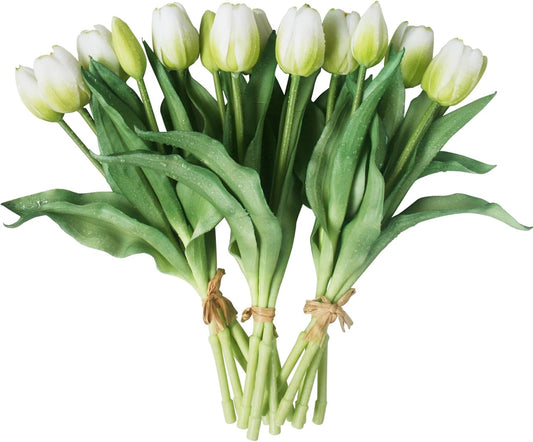 15pcs Artificial Tulips Flowers, Fake Tulips Real Touch, Faux Latex Bouquets, for Party Wedding Home Room Decoration (White)
