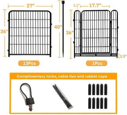 Garden Fence with Gate 36 in(H)×27 in(L) 14 Panels Total 31 Ft(L), Garden Fences and Borders for Dogs, Animal Barrier Fence, Black Metal Decorative Garden Fencing