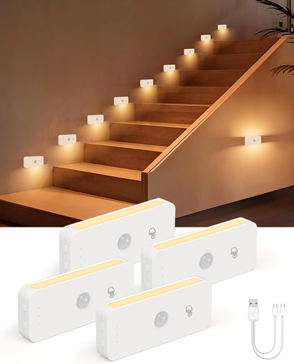 Yiliaw Motion Sensor Night Lights Indoor - Rechargeable Stick-On Stair Lights with Wireless Magnetic Mount, Adjustable Brightness & 3 Color Temps for Hallway, Stairway, Bathroom, Closet (4-Pack)