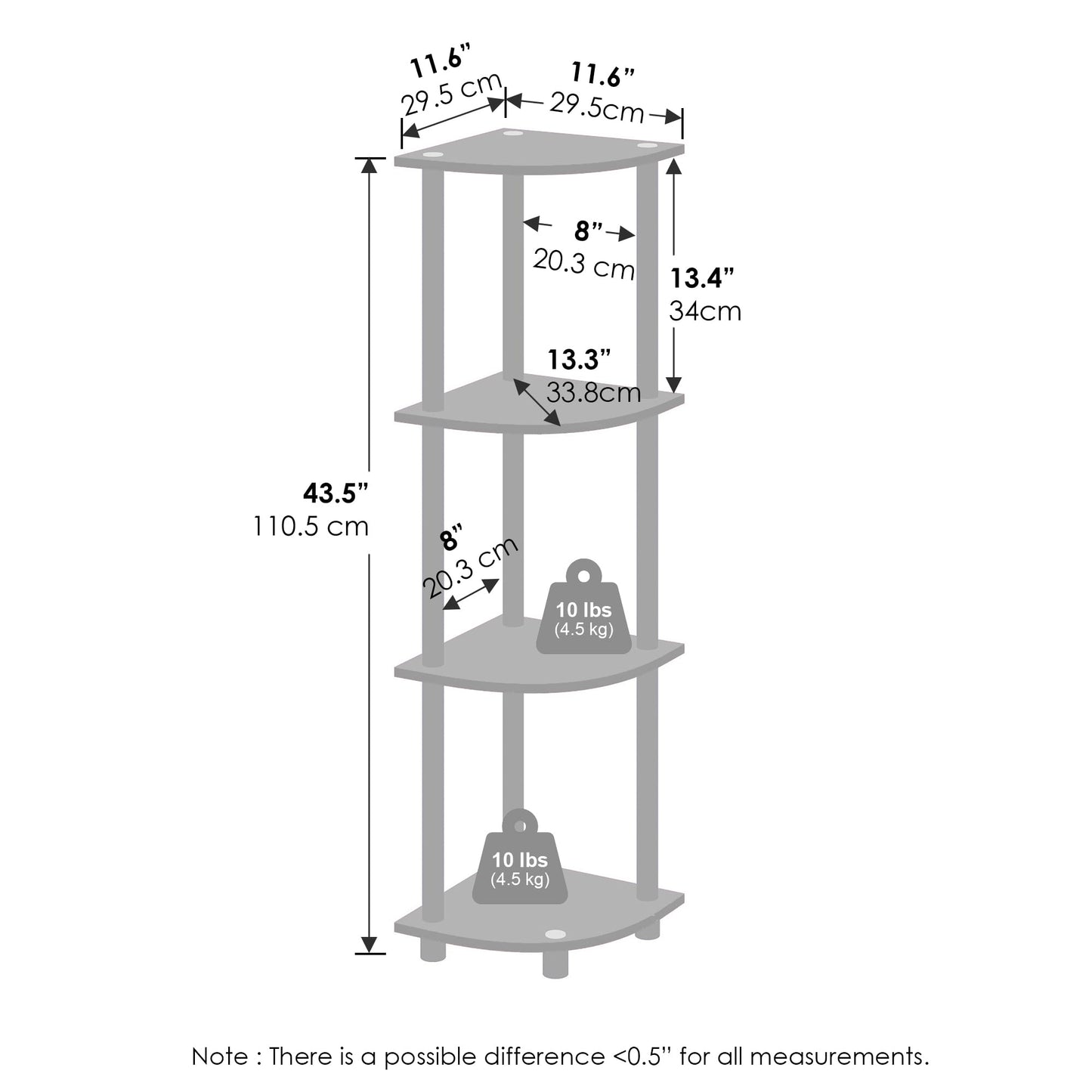 Furinno Turn-N-Tube Corner Shelf, 4-Tier Corner Bookshelf, White