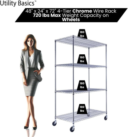 48"x24"x72" Chrome Premium Metal Steel Wire Shelving 4-Tier NSF 3200 LBS MAX Capacity Heavy Duty Storage Rack for Garages, Commercial Spaces, Hospitals, & Schools w/Premium Wheels