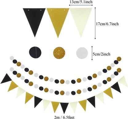 ZERODECO Party Decoration, 21 Pcs Black and Gold Hanging Paper Fans, Pom Poms Flowers, Garlands String Polka Dot and Triangle Bunting Flags for Birthday Parties Wedding Décor, Table & Wall Decorations