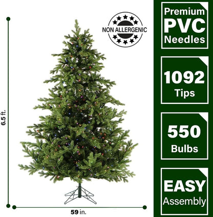 Fraser Hill Farm 6.5-Ft. Foxtail Pine Artificial Christmas Tree with Dual Multicolor & Warm White LED Lights and Stand, Prelit Foldable Fake Tree with Realistic Foliage for Home Decoration