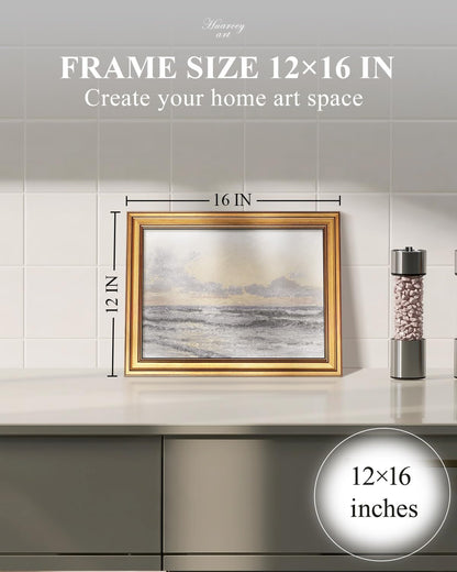 HUARCEY Gold Framed Vintage Wall Art for Living Room, Landscape Painting Prints Shelf Decor for Kitchen, Aesthetic Bedroom Wall Art, Christmas Gifts for Friends or Family (Sea or Sky - 12"x16")