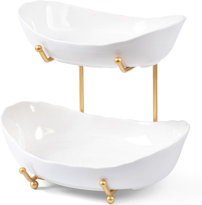 HBlife Fruit Bowl for Kitchen Counter - 2 Tier Fruit Basket with Metal Stand, Ceramic Fruit Holder for Fruit Vegetable Storage, Serving Platters Serving Trays for Party