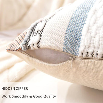 Boho Throw Pillow Covers 18x18 Set of 2 Farmhouse Decorative Cushion Case Striped Square Pillows Cover Chenille Pillow Cases Accent Neutral Pillowcase for Sofa Couch Bed,Orange-Blue