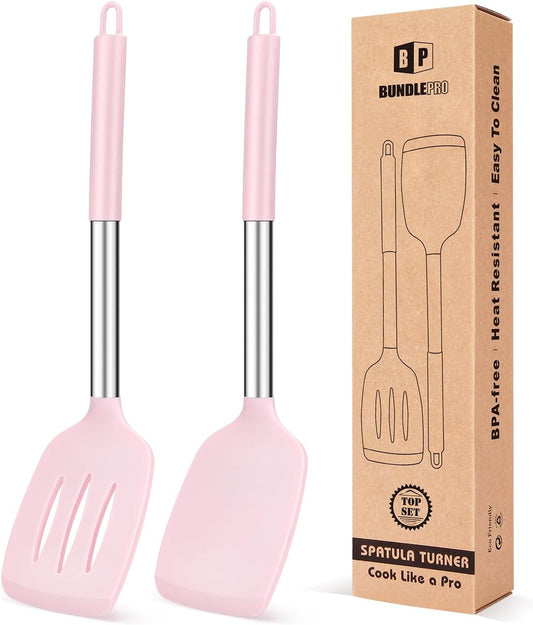 Pack of 2 Silicone Solid Turner, Non Stick Slotted Kitchen Spatulas, High Heat Resistant BPA Free