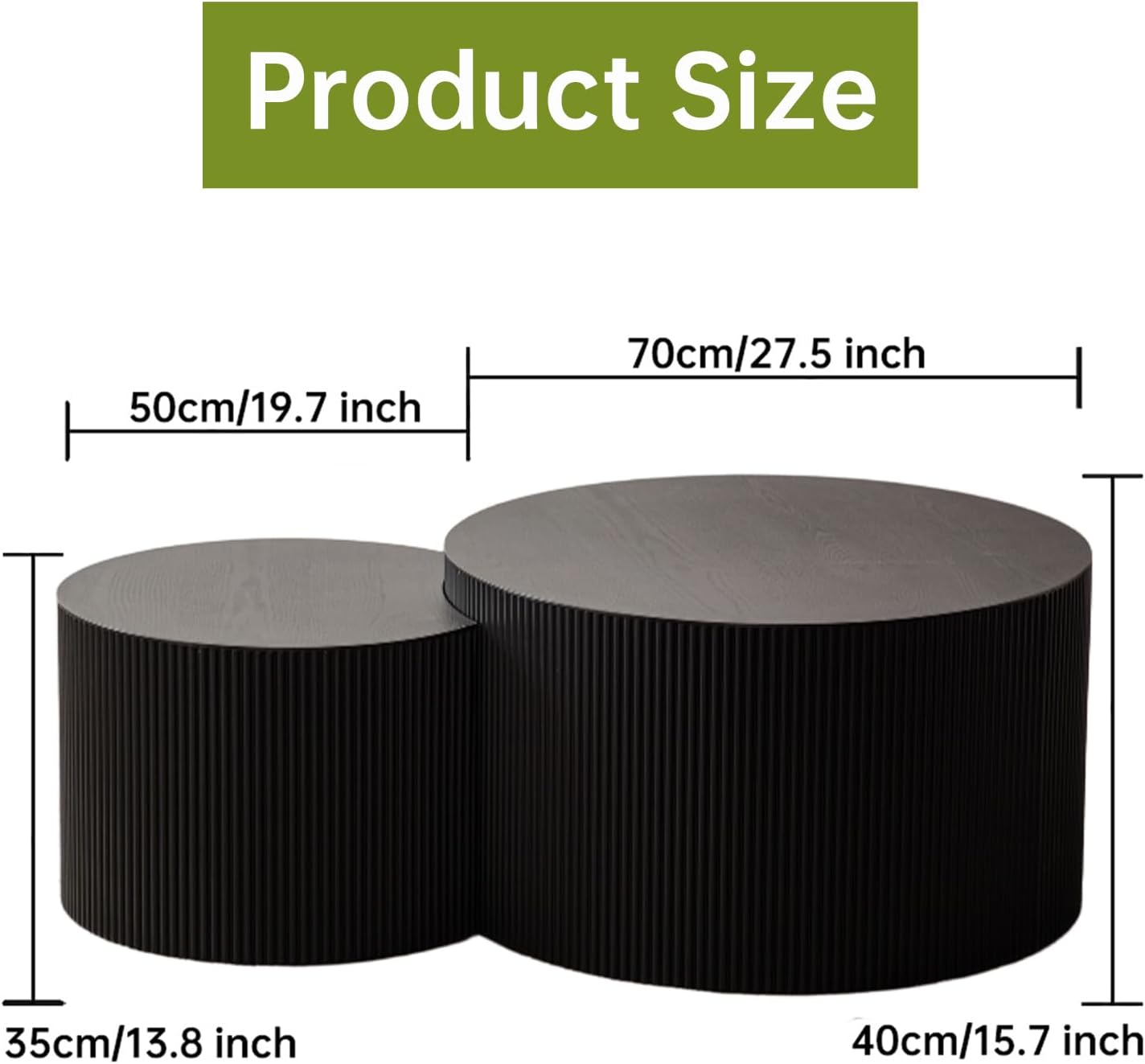 Round Nesting Coffee Table Modern Black Fluted Coffee Table Set of 2 Stripe Round Coffee Tables Drum Crescent Side Table Accent End Table for Living Room (Black B Large)