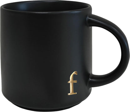 COLLECTIVE HOME - Black Monogram Ceramic Mugs, 15 oz Golden Initial Coffee Cups, Elegant Alphabet Tea Mugs, Personalized Halloween Mug with Gift Box, Perfect for Office and Home Décor(f)