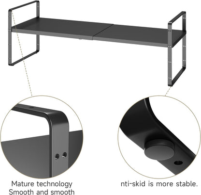 16.5~27.1" Expandable Shelf Organizer, 1Pack 10.2" Wide Stackable Cabinet Shelf Organizers, Black Metal Sturdy Kitchen Counter Storage for Countertop, Adjustable Height Spice Rack