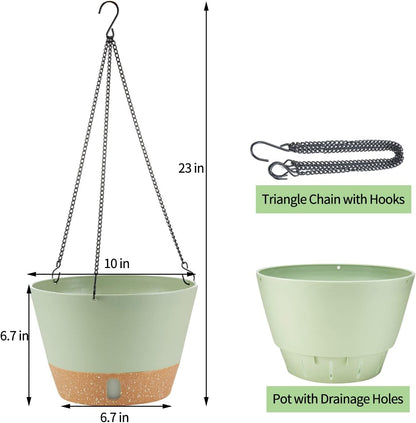 2 Pack Hanging Planters, 10 inch Indoor Outdoor Hanging Plant Pot Basket, Hanging Plastic Flower Pot with Drainage Hole with Removable Tray&Hooks for Hanging Plants,Green