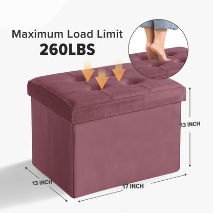 LINMAGCO Storage Ottoman Folding Foot Stool Velvet Footrest with Padded Modern Ottoman with Storage for Living Room Puppy Step Stool 17x13x13in(Jelly Pink)